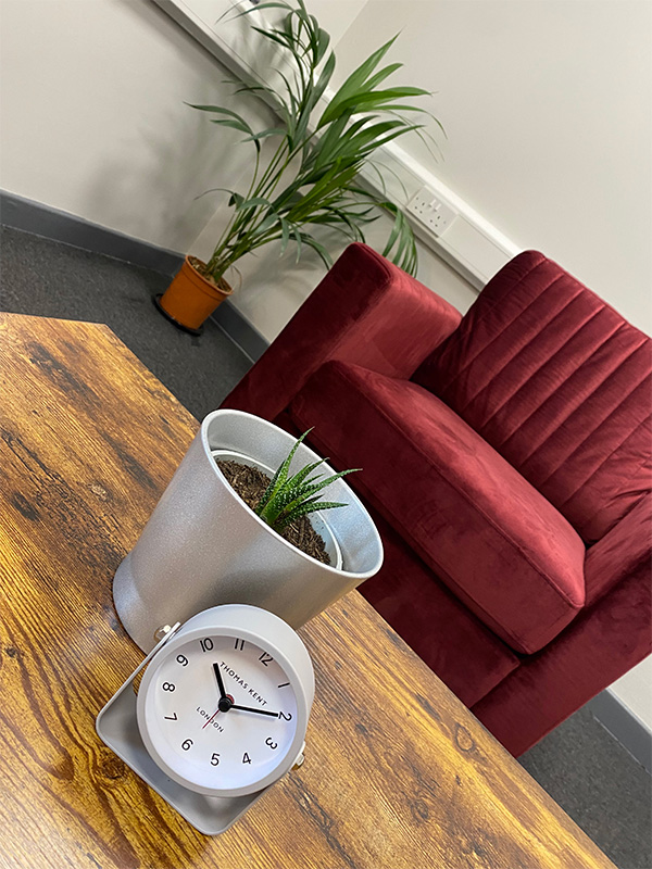 A small clock and potted succulent sit on a wooden table in front of a red armchair. A taller potted plant is in the background against a white wall.